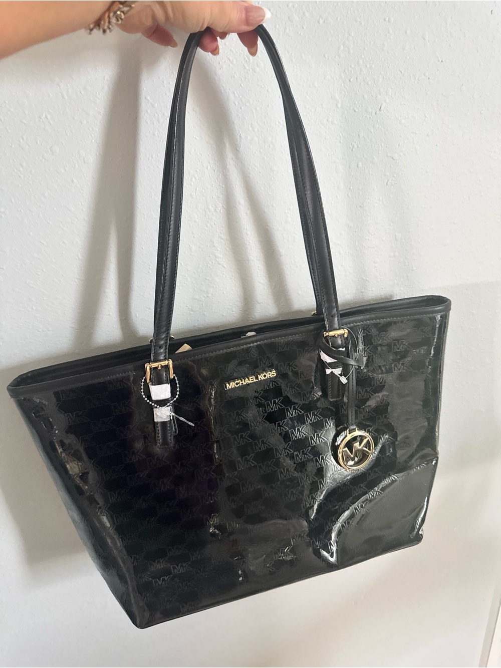 Michael Kors Black Patent Tote with Gold MK Charm